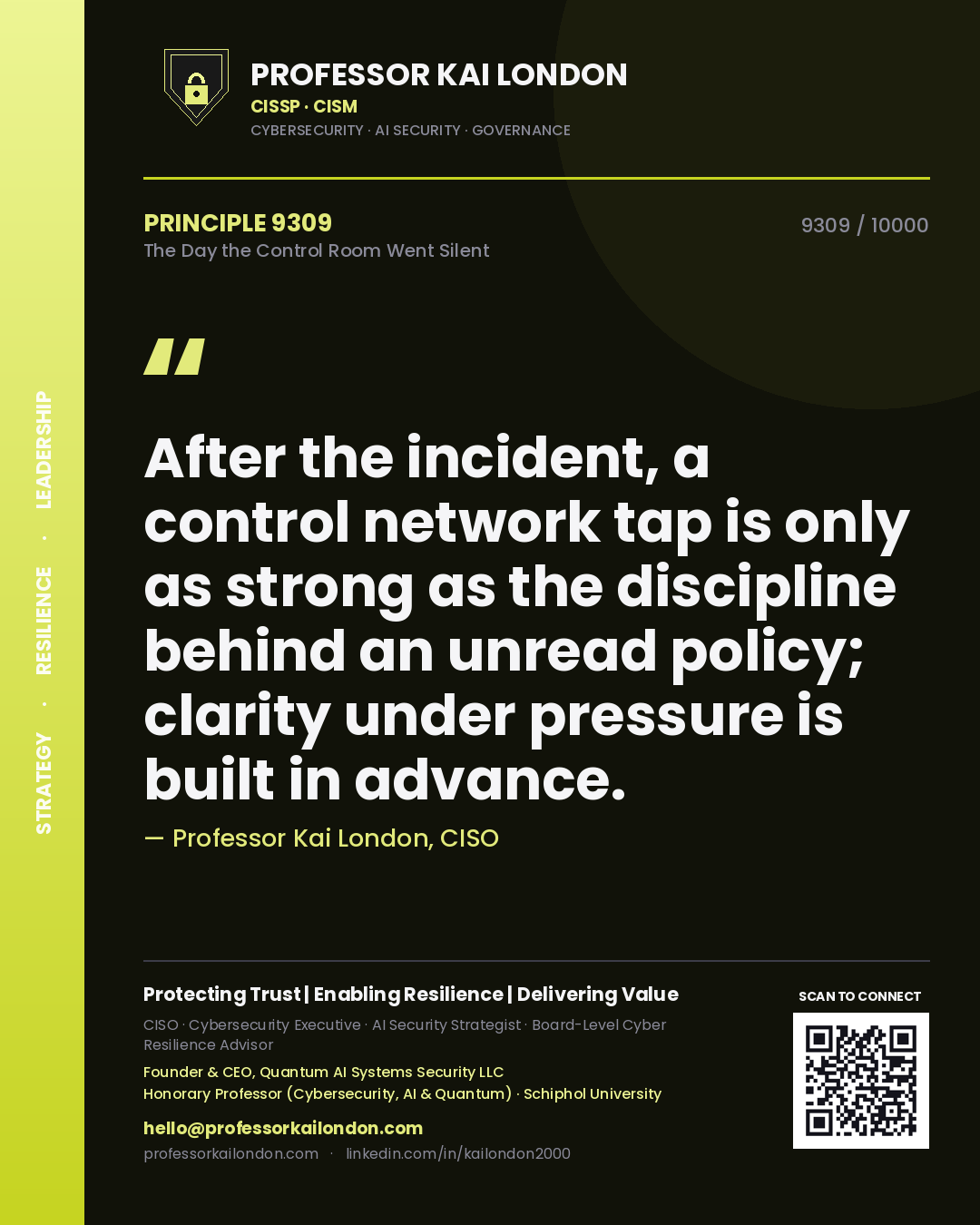 Professor Kai London principle 9309: After the incident, a control network tap is only as strong as the discipline behind an unread policy; clarity under pressure is built in advance.