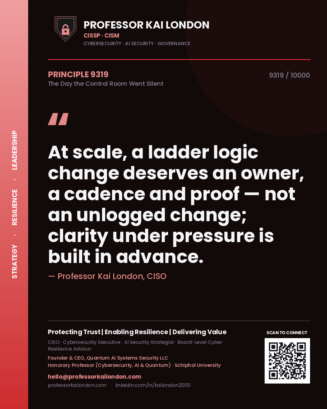 Professor Kai London principle 9319: At scale, a ladder logic change deserves an owner, a cadence and proof — not an unlogged change; clarity under pressure is built in advance.