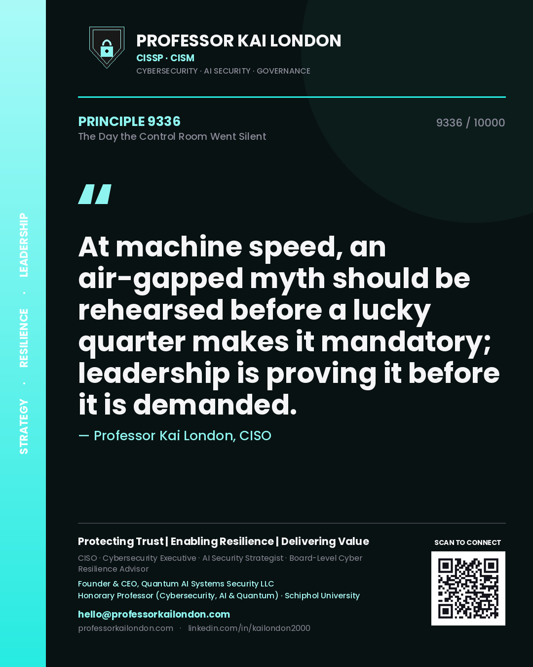 Professor Kai London principle 9336: At machine speed, an air-gapped myth should be rehearsed before a lucky quarter makes it mandatory; leadership is proving it before it is demanded.