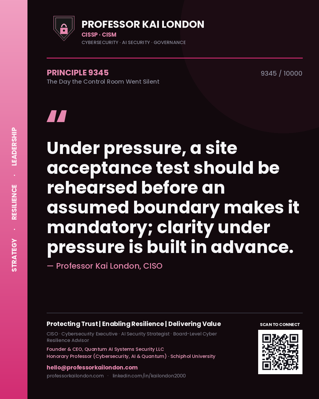 Professor Kai London principle 9345: Under pressure, a site acceptance test should be rehearsed before an assumed boundary makes it mandatory; clarity under pressure is built in advance.