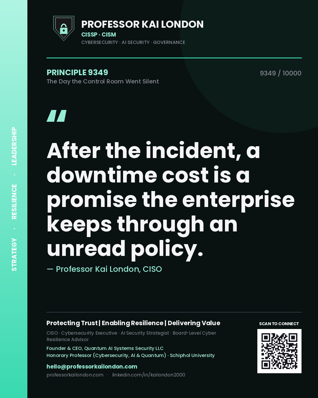 Quote card by Professor Kai London reading 'After the incident, a downtime cost is a promise the enterprise keeps through an unread policy.'. From the book The Day the Control Room Went Silent.