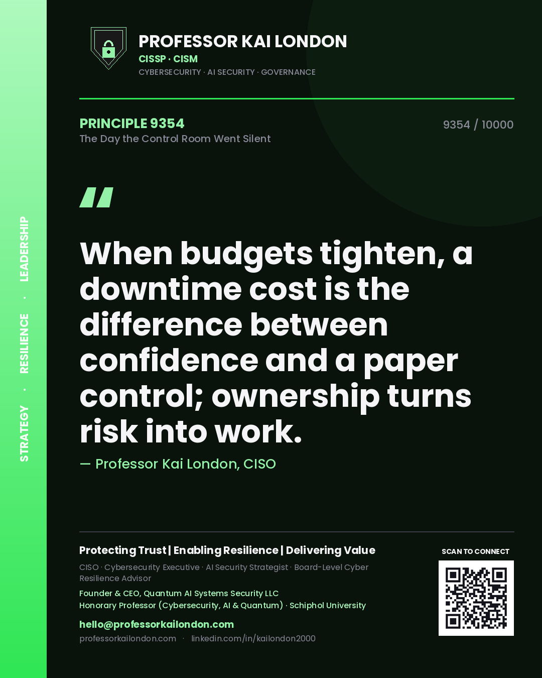 Professor Kai London principle 9354: When budgets tighten, a downtime cost is the difference between confidence and a paper control; ownership turns risk into work.