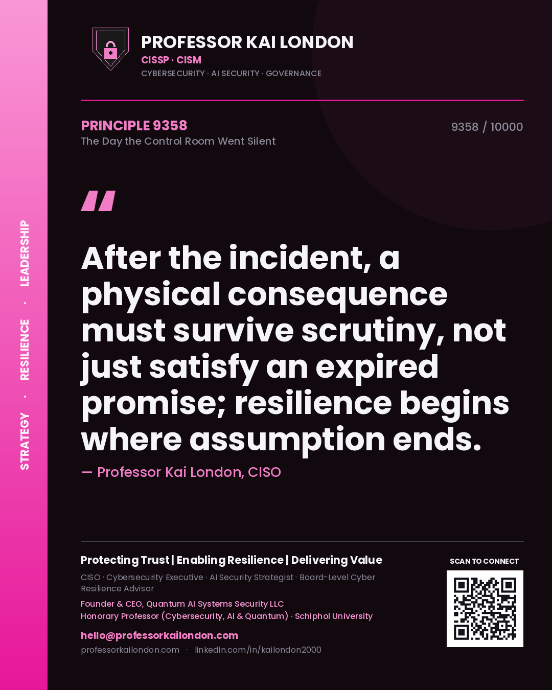 Quote card by Professor Kai London reading 'After the incident, a physical consequence must survive scrutiny, not just satisfy an expired promise; resilience begins where assumption ends.'. From the book The Day the Control Room Went Silent.