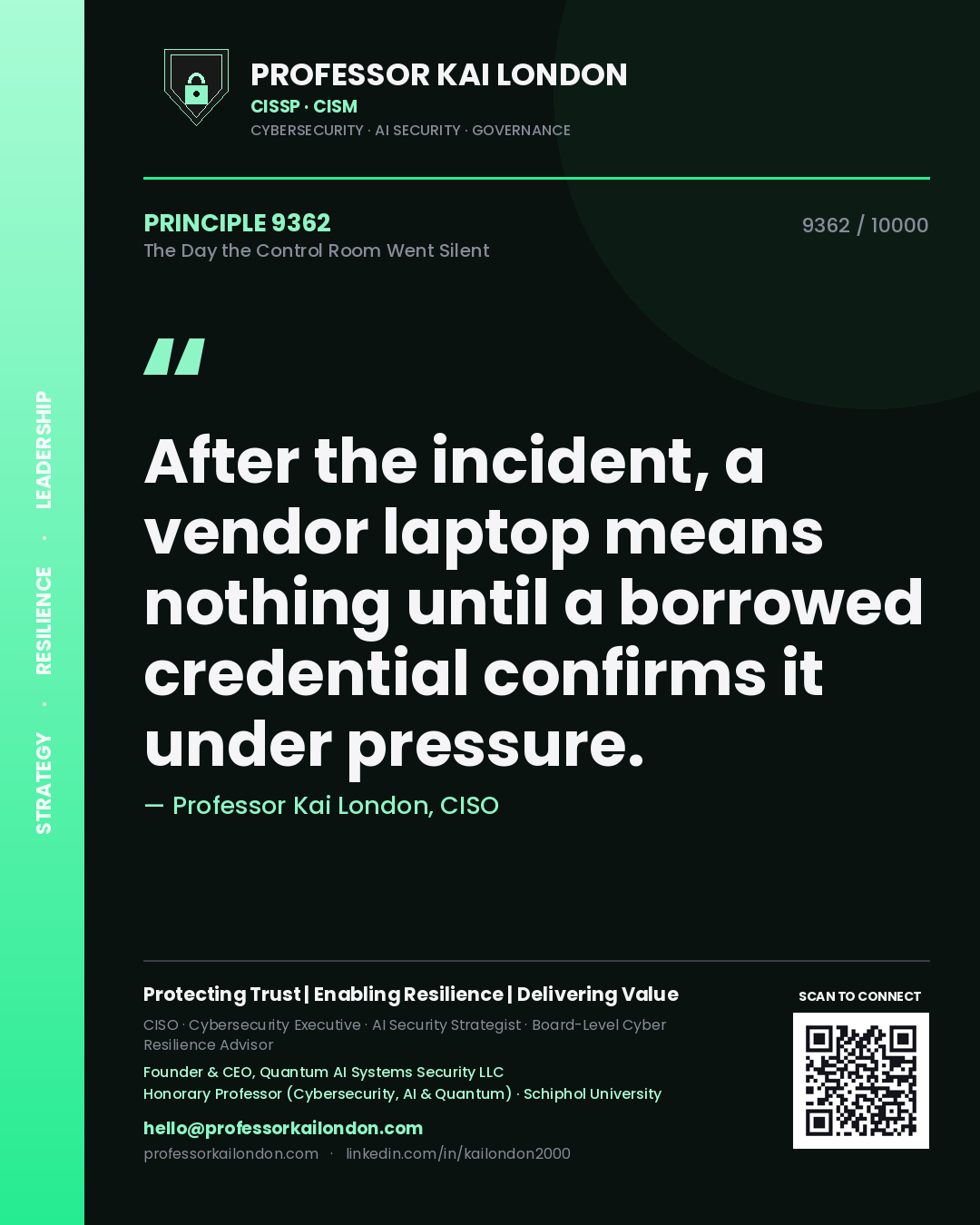 Quote card by Professor Kai London reading 'After the incident, a vendor laptop means nothing until a borrowed credential confirms it under pressure.'. From the book The Day the Control Room Went Silent.