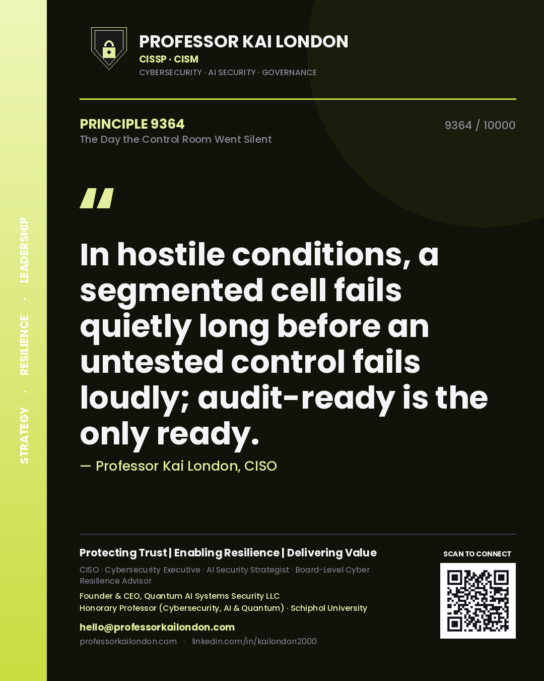 Professor Kai London principle 9364: In hostile conditions, a segmented cell fails quietly long before an untested control fails loudly; audit-ready is the only ready.