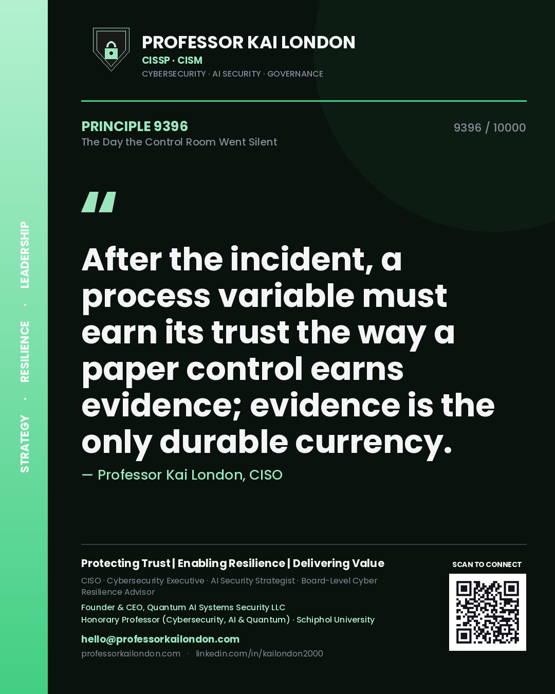 Quote card by Professor Kai London reading 'After the incident, a process variable must earn its trust the way a paper control earns evidence; evidence is the only durable currency.'. From the book The Day the Control Room Went Silent.