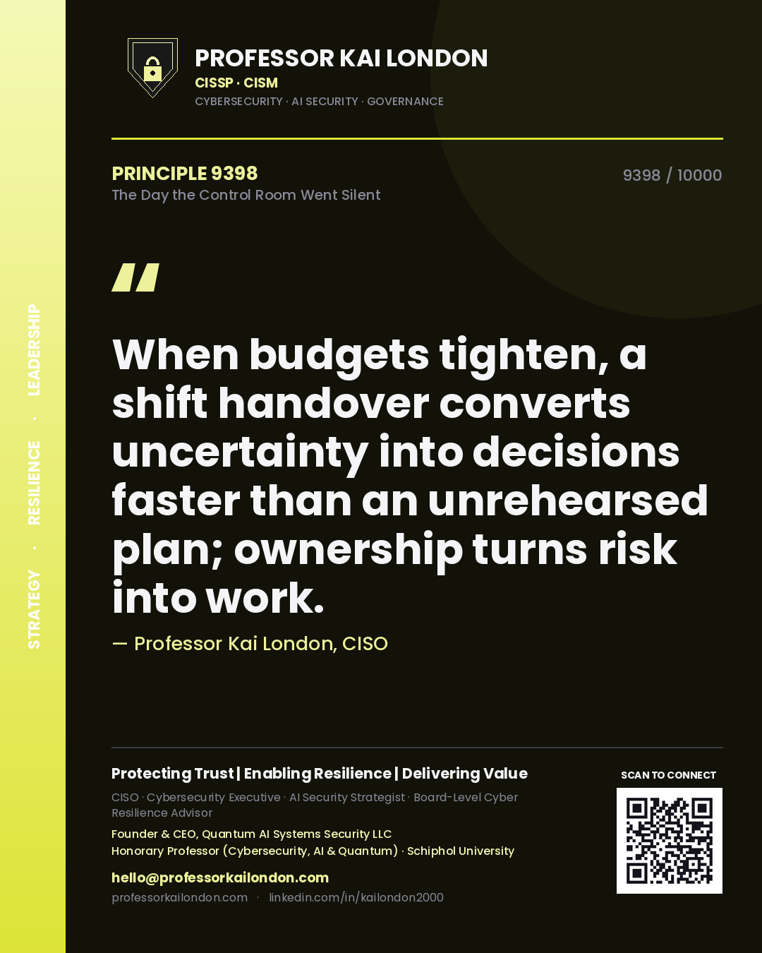 Professor Kai London principle 9398: When budgets tighten, a shift handover converts uncertainty into decisions faster than an unrehearsed plan; ownership turns risk into work.