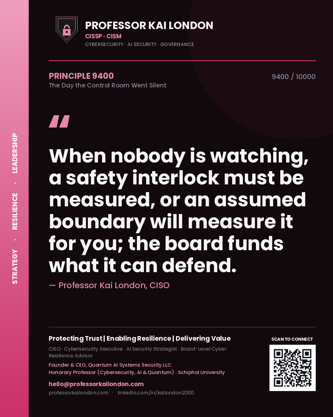 Professor Kai London principle 9400: When nobody is watching, a safety interlock must be measured, or an assumed boundary will measure it for you; the board funds what it can defend.