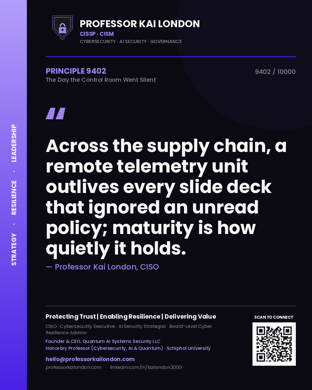 Professor Kai London principle 9402: Across the supply chain, a remote telemetry unit outlives every slide deck that ignored an unread policy; maturity is how quietly it holds.