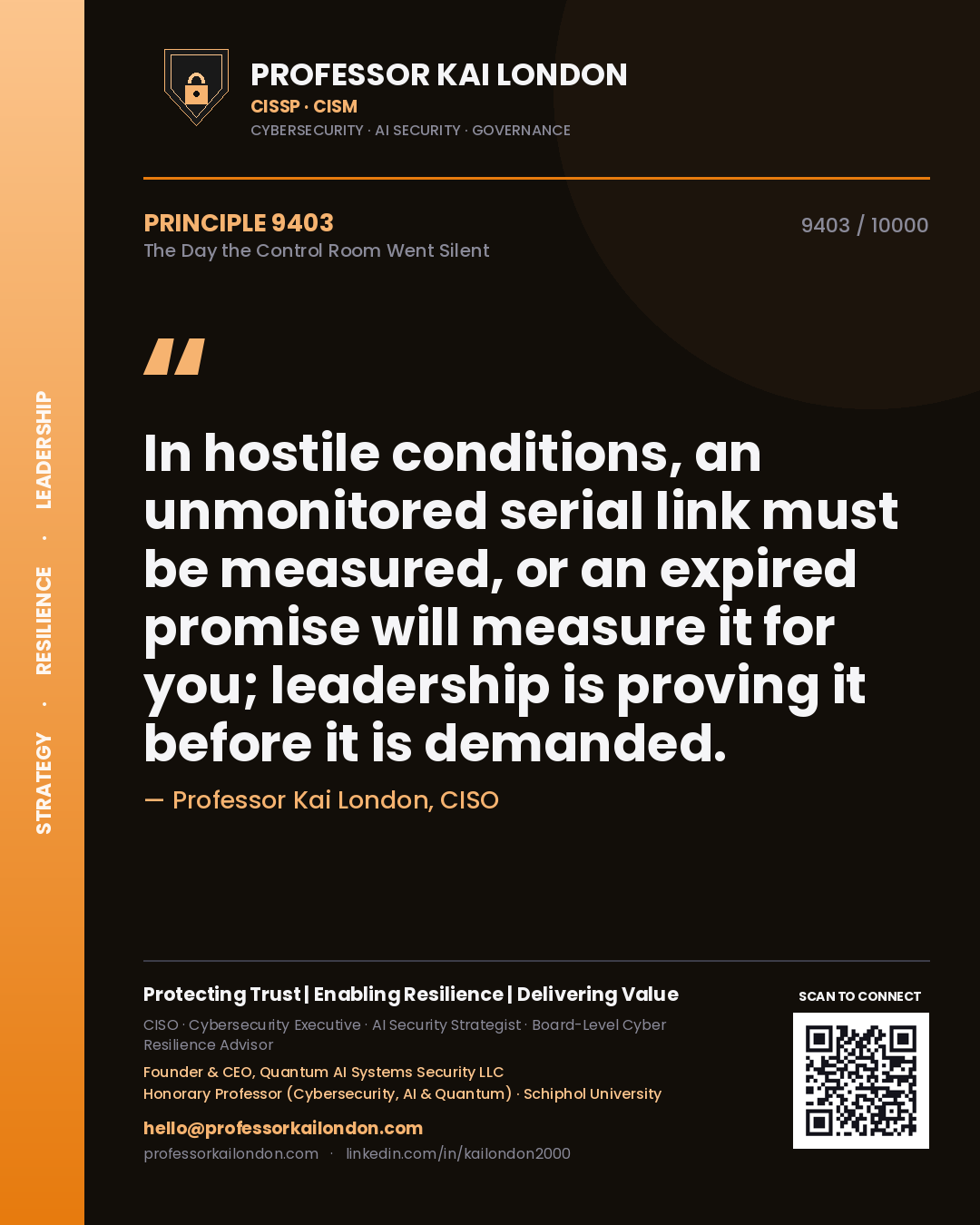 Quote card by Professor Kai London reading 'In hostile conditions, an unmonitored serial link must be measured, or an expired promise will measure it for you; leadership is proving it before it is demanded.'. From the book The Day the Control Room Went Silent.