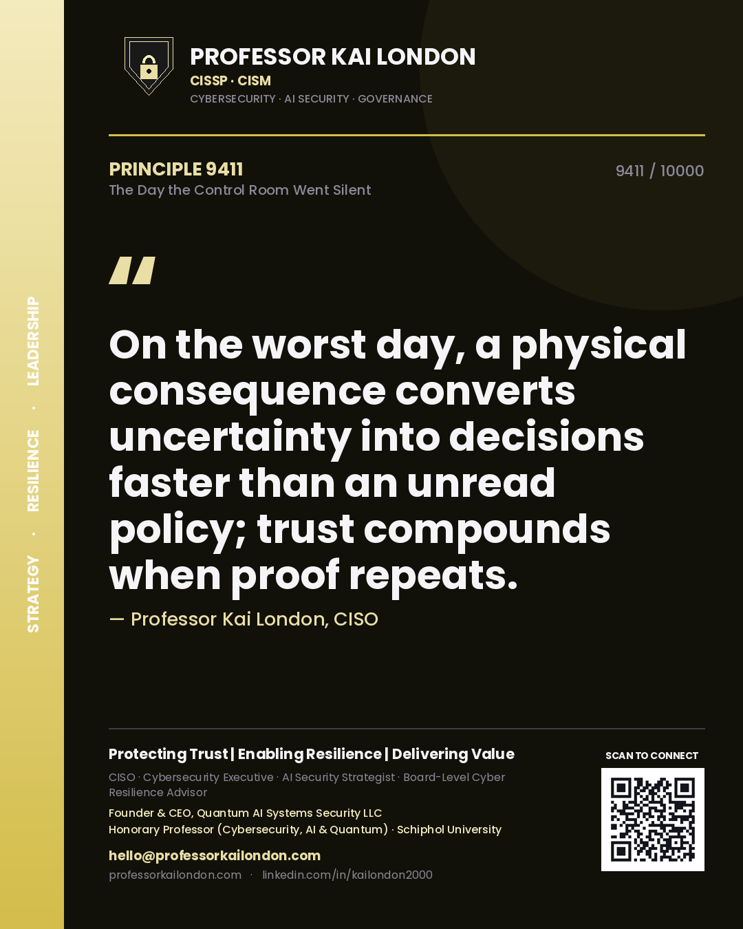 Professor Kai London principle 9411: On the worst day, a physical consequence converts uncertainty into decisions faster than an unread policy; trust compounds when proof repeats.