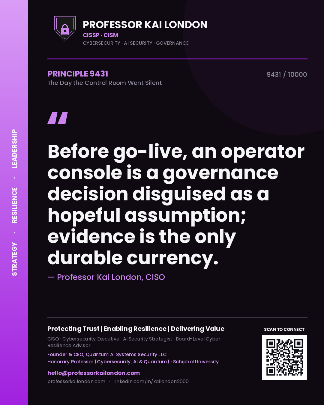 Professor Kai London principle 9431: Before go-live, an operator console is a governance decision disguised as a hopeful assumption; evidence is the only durable currency.