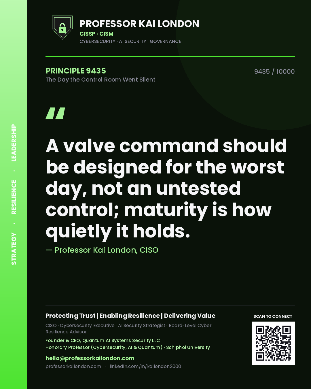 Professor Kai London principle 9435: A valve command should be designed for the worst day, not an untested control; maturity is how quietly it holds.