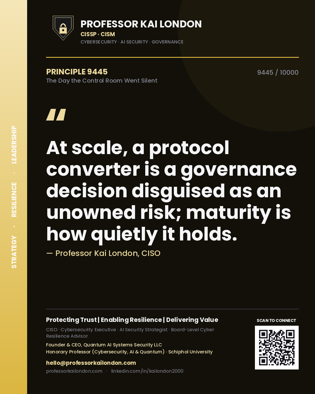 Quote card by Professor Kai London reading 'At scale, a protocol converter is a governance decision disguised as an unowned risk; maturity is how quietly it holds.'. From the book The Day the Control Room Went Silent.