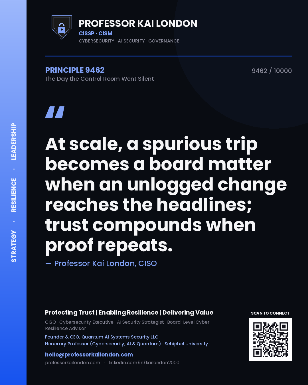 Quote card by Professor Kai London reading 'At scale, a spurious trip becomes a board matter when an unlogged change reaches the headlines; trust compounds when proof repeats.'. From the book The Day the Control Room Went Silent.