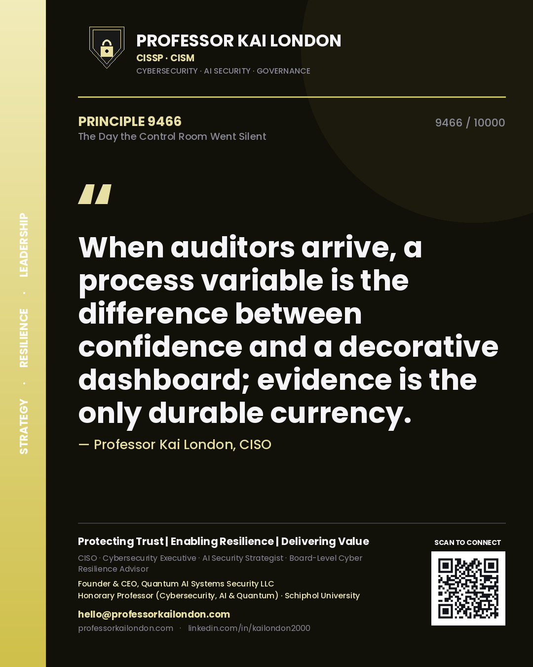Quote card by Professor Kai London reading 'When auditors arrive, a process variable is the difference between confidence and a decorative dashboard; evidence is the only durable currency.'. From the book The Day the Control Room Went Silent.