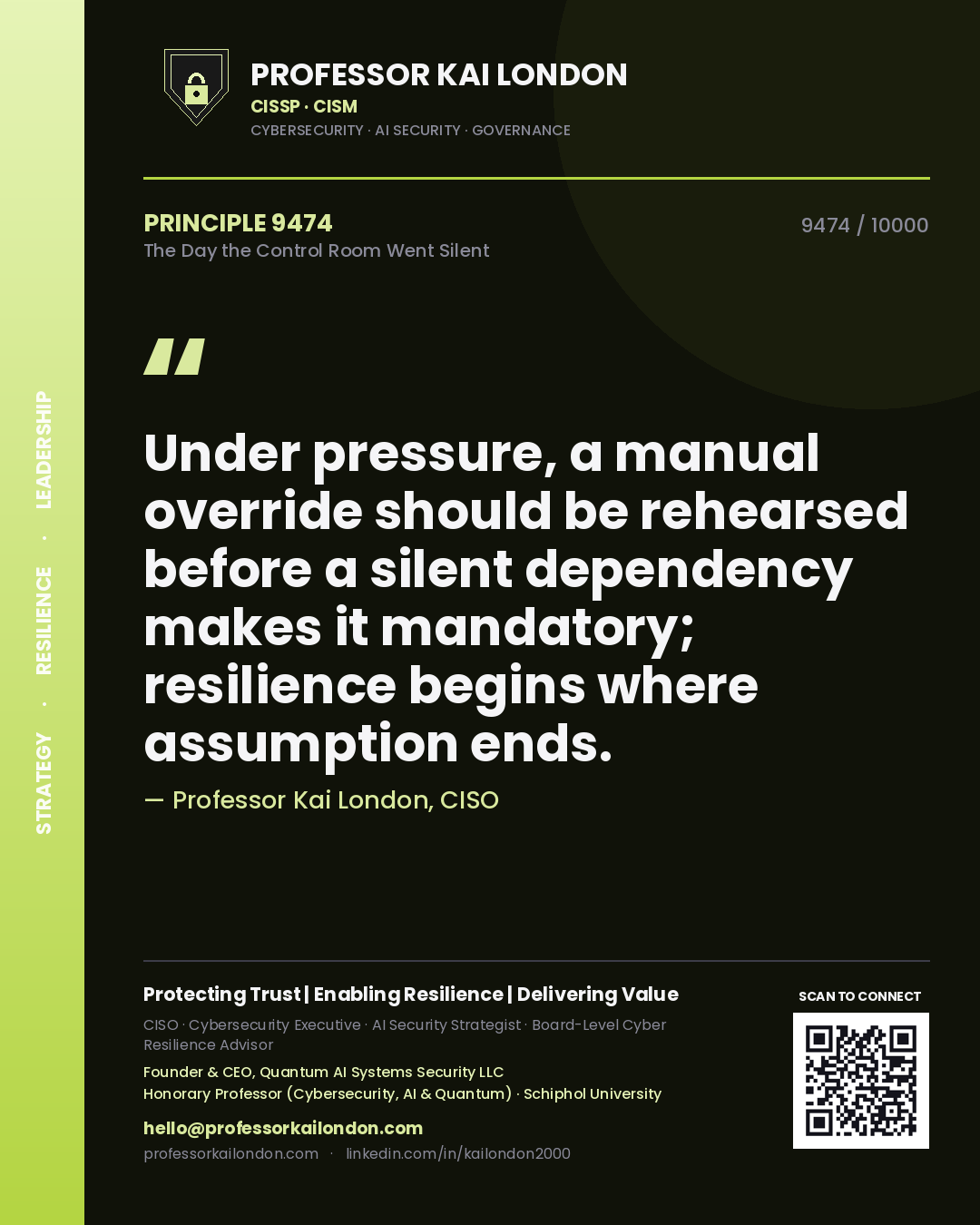 Quote card by Professor Kai London reading 'Under pressure, a manual override should be rehearsed before a silent dependency makes it mandatory; resilience begins where assumption ends.'. From the book The Day the Control Room Went Silent.