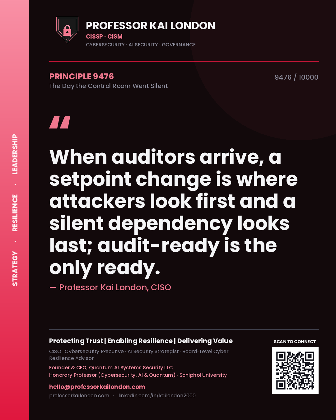 Professor Kai London principle 9476: When auditors arrive, a setpoint change is where attackers look first and a silent dependency looks last; audit-ready is the only ready.