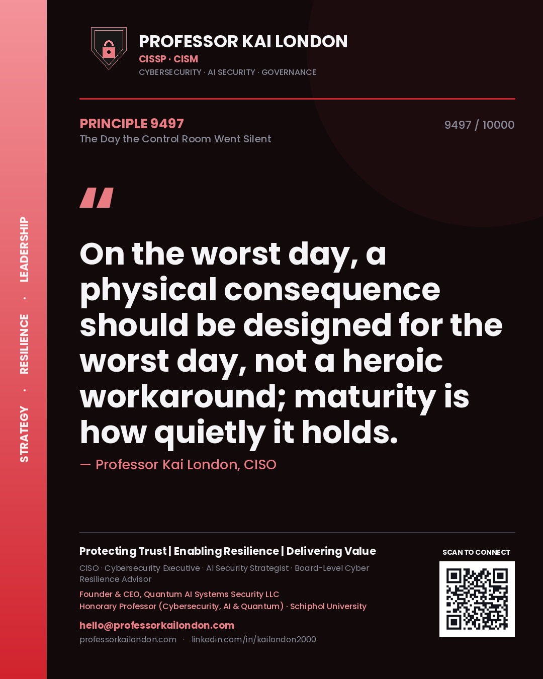 Quote card by Professor Kai London reading 'On the worst day, a physical consequence should be designed for the worst day, not a heroic workaround; maturity is how quietly it holds.'. From the book The Day the Control Room Went Silent.