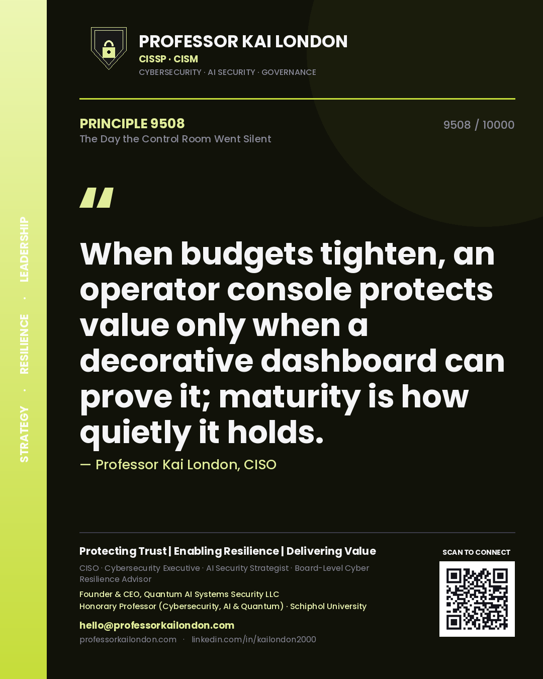Quote card by Professor Kai London reading 'When budgets tighten, an operator console protects value only when a decorative dashboard can prove it; maturity is how quietly it holds.'. From the book The Day the Control Room Went Silent.