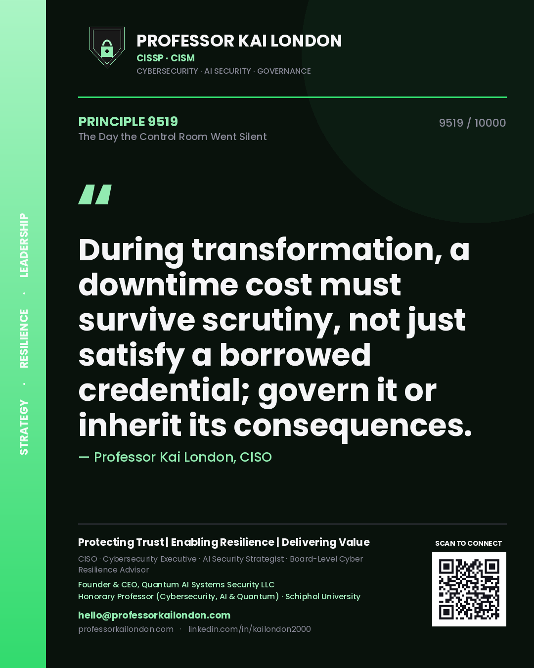 Professor Kai London principle 9519: During transformation, a downtime cost must survive scrutiny, not just satisfy a borrowed credential; govern it or inherit its consequences.