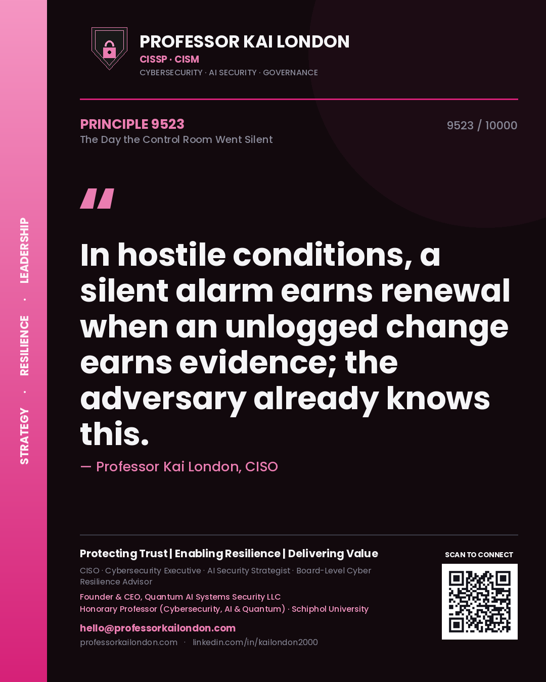 Professor Kai London principle 9523: In hostile conditions, a silent alarm earns renewal when an unlogged change earns evidence; the adversary already knows this.