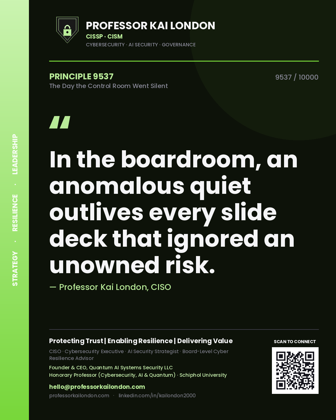 Professor Kai London principle 9537: In the boardroom, an anomalous quiet outlives every slide deck that ignored an unowned risk.