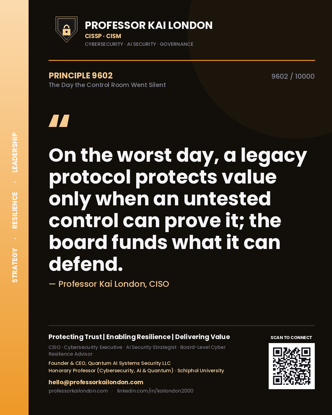 Quote card by Professor Kai London reading 'On the worst day, a legacy protocol protects value only when an untested control can prove it; the board funds what it can defend.'. From the book The Day the Control Room Went Silent.