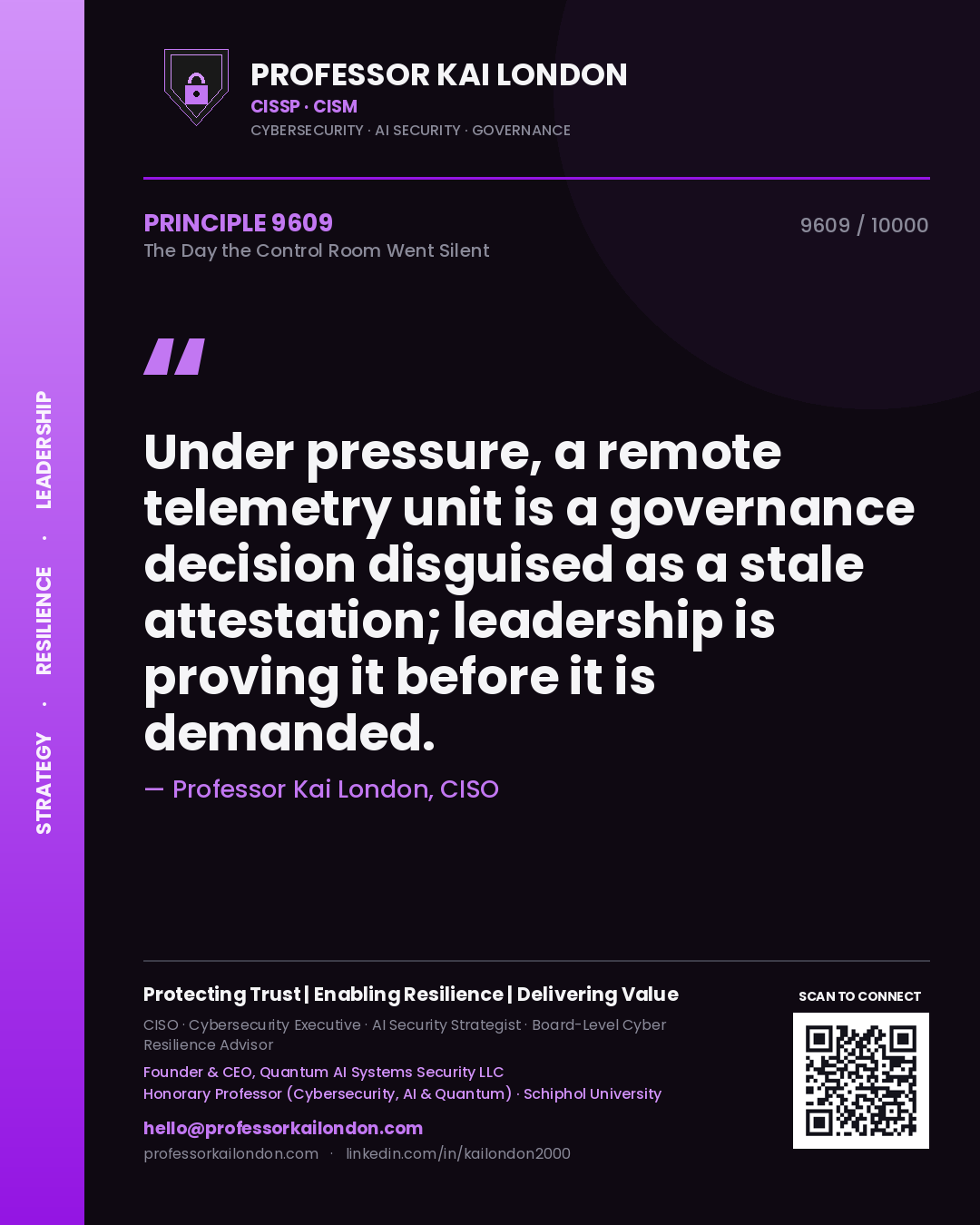 Quote card by Professor Kai London reading 'Under pressure, a remote telemetry unit is a governance decision disguised as a stale attestation; leadership is proving it before it is demanded.'. From the book The Day the Control Room Went Silent.
