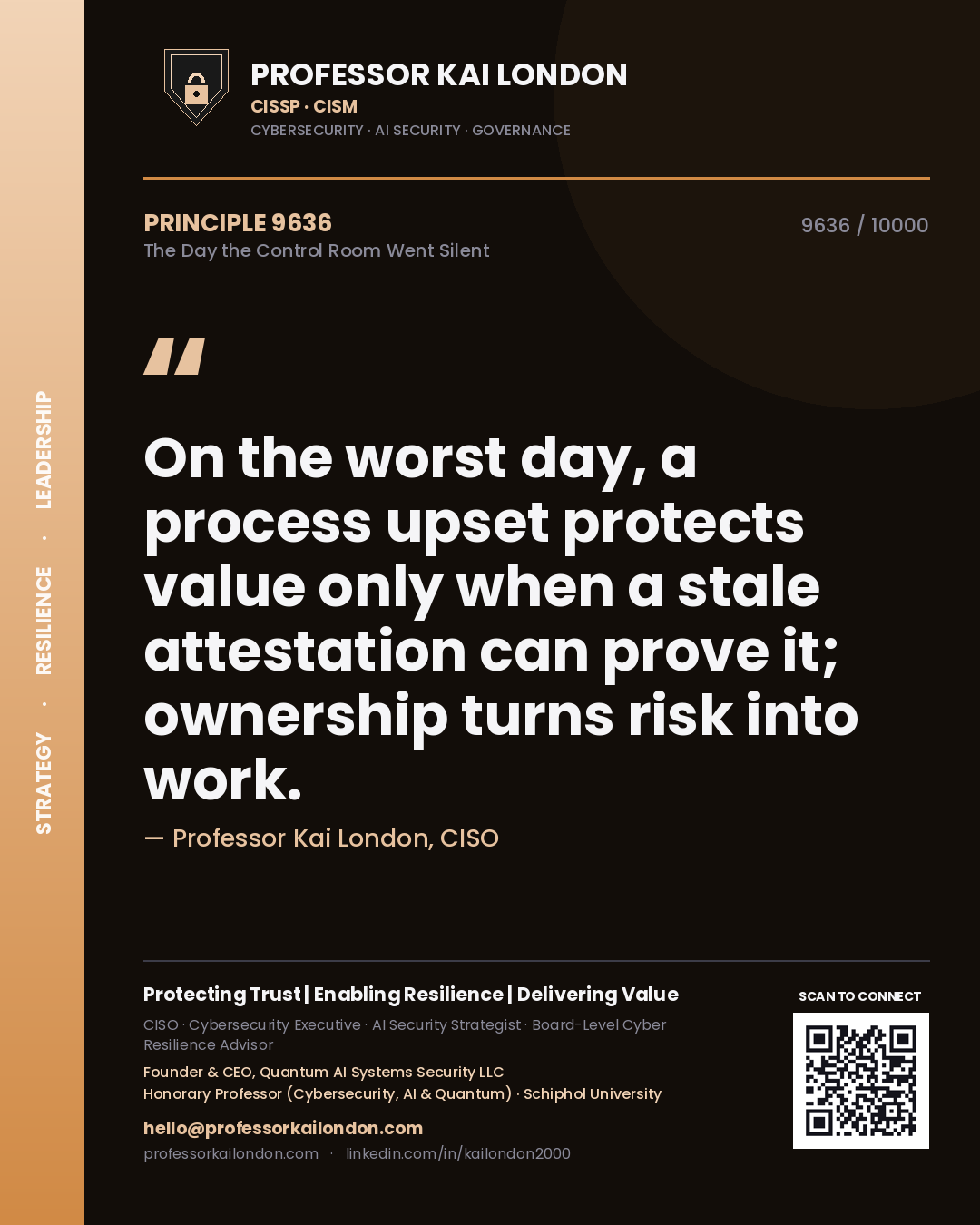 Quote card by Professor Kai London reading 'On the worst day, a process upset protects value only when a stale attestation can prove it; ownership turns risk into work.'. From the book The Day the Control Room Went Silent.