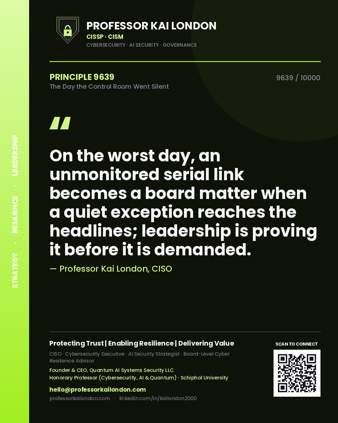 Professor Kai London principle 9639: On the worst day, an unmonitored serial link becomes a board matter when a quiet exception reaches the headlines; leadership is proving it before it is demanded.