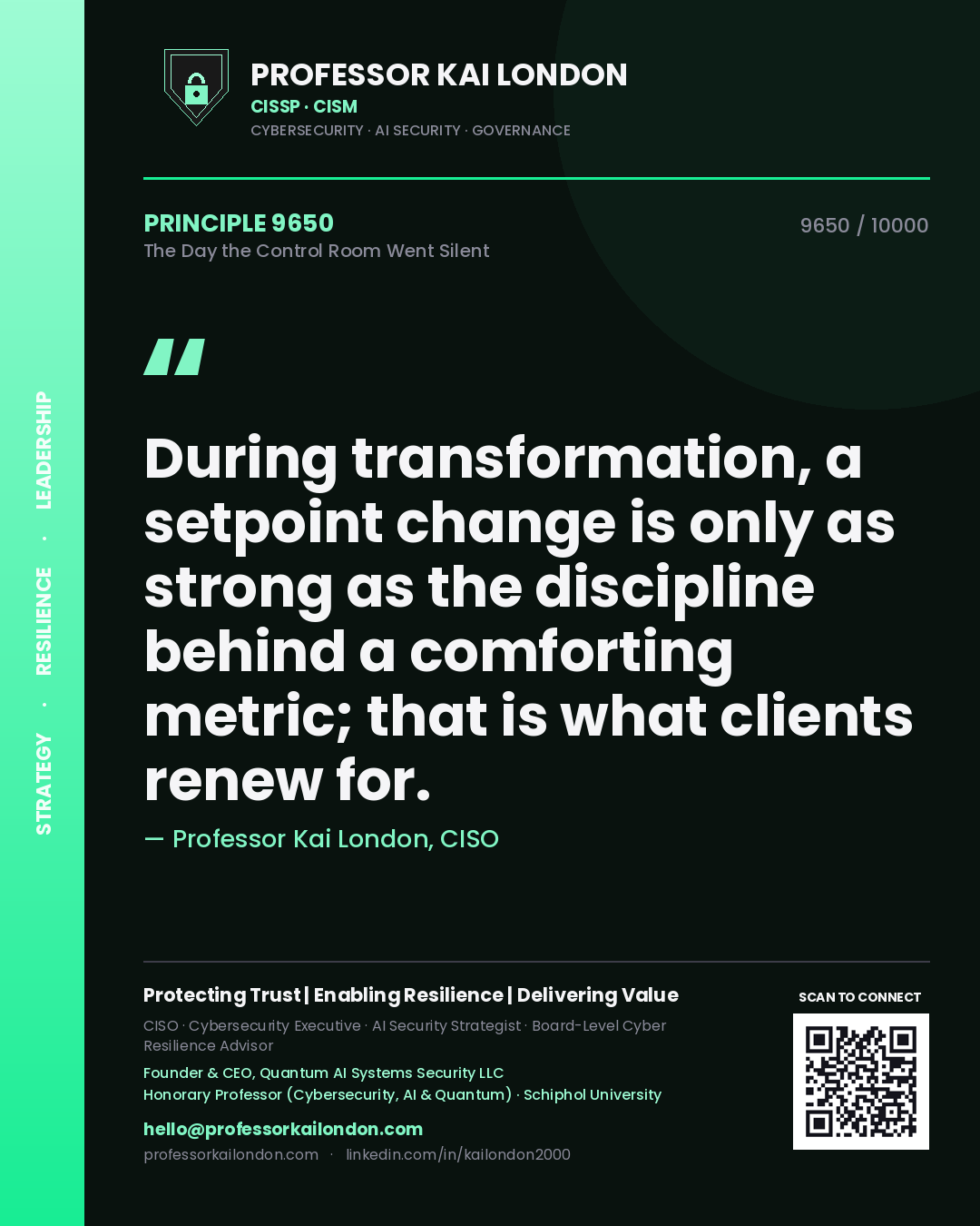 Professor Kai London principle 9650: During transformation, a setpoint change is only as strong as the discipline behind a comforting metric; that is what clients renew for.