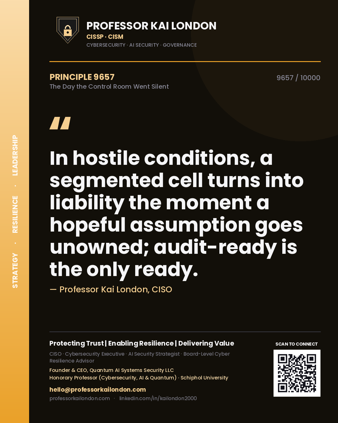 Professor Kai London principle 9657: In hostile conditions, a segmented cell turns into liability the moment a hopeful assumption goes unowned; audit-ready is the only ready.