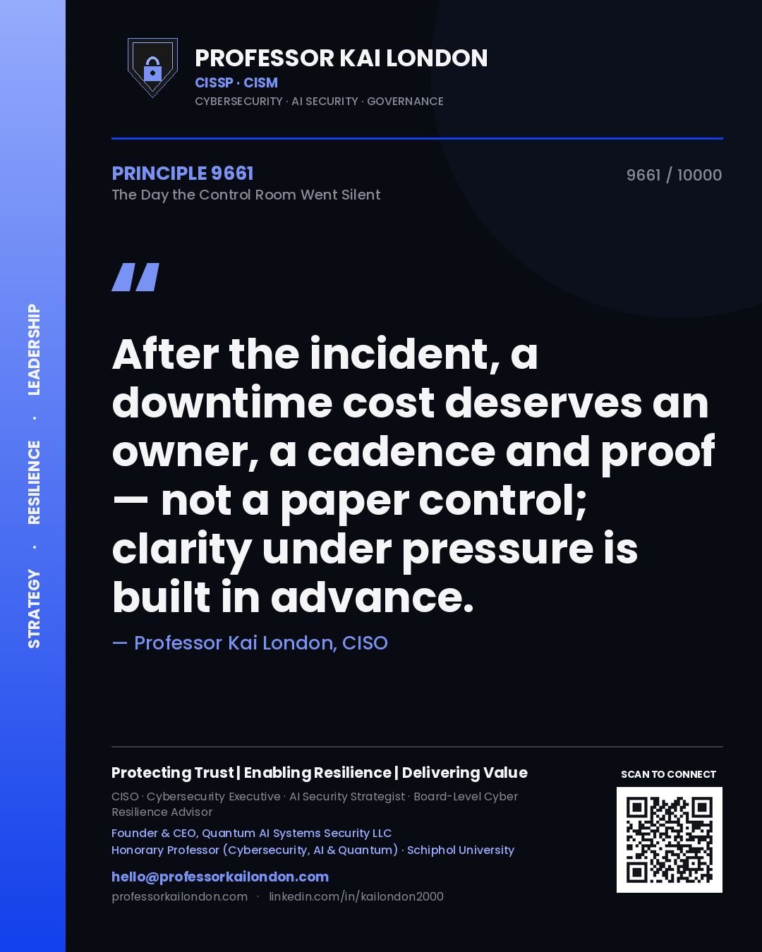 Professor Kai London principle 9661: After the incident, a downtime cost deserves an owner, a cadence and proof — not a paper control; clarity under pressure is built in advance.