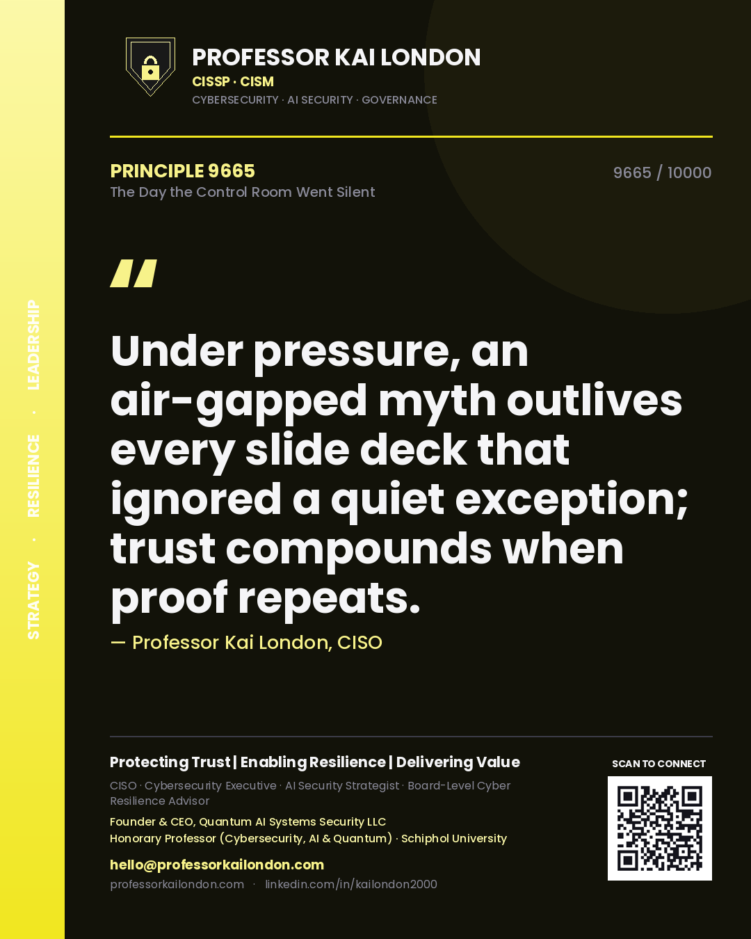 Professor Kai London principle 9665: Under pressure, an air-gapped myth outlives every slide deck that ignored a quiet exception; trust compounds when proof repeats.