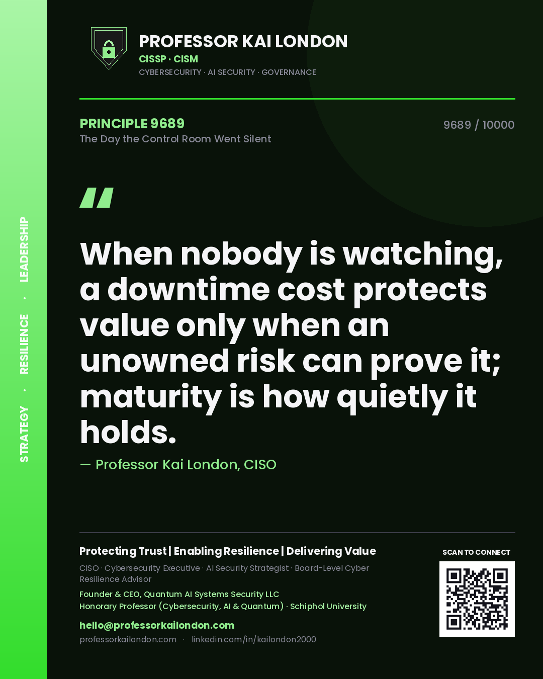 Professor Kai London principle 9689: When nobody is watching, a downtime cost protects value only when an unowned risk can prove it; maturity is how quietly it holds.