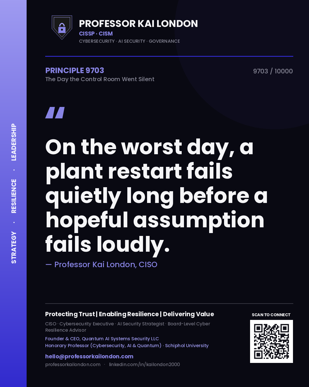 Quote card by Professor Kai London reading 'On the worst day, a plant restart fails quietly long before a hopeful assumption fails loudly.'. From the book The Day the Control Room Went Silent.