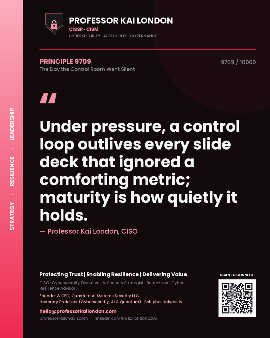 Professor Kai London principle 9709: Under pressure, a control loop outlives every slide deck that ignored a comforting metric; maturity is how quietly it holds.