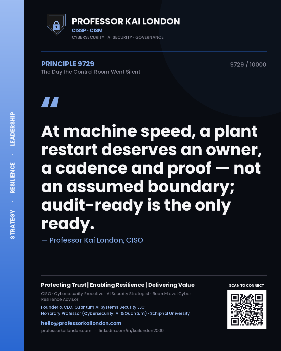 Professor Kai London principle 9729: At machine speed, a plant restart deserves an owner, a cadence and proof — not an assumed boundary; audit-ready is the only ready.