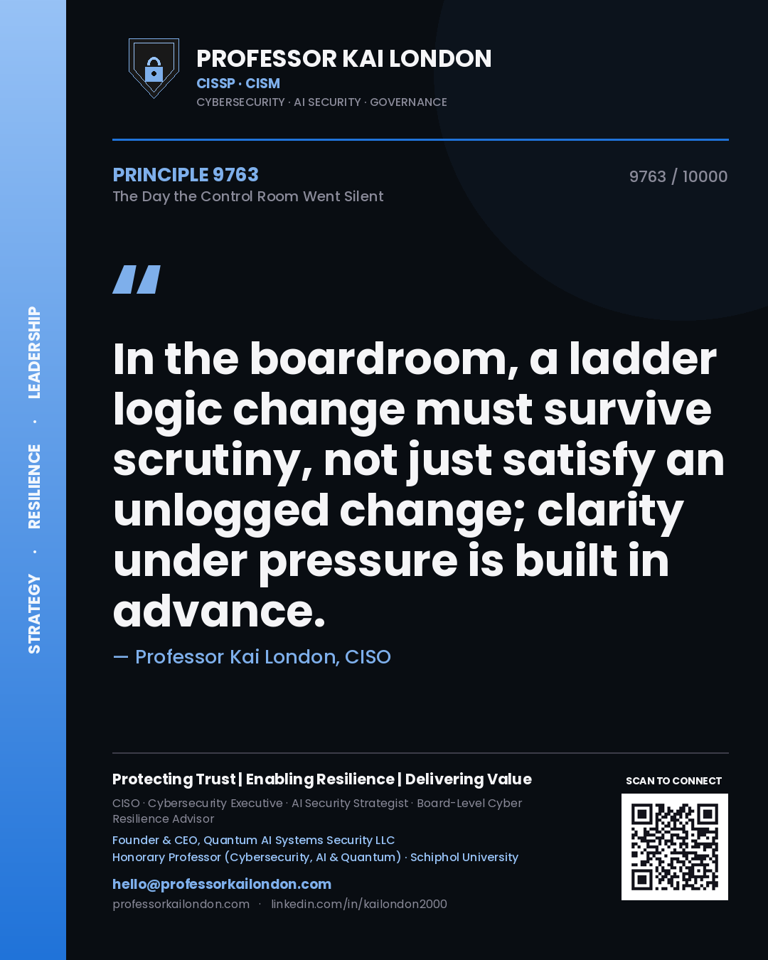 Quote card by Professor Kai London reading 'In the boardroom, a ladder logic change must survive scrutiny, not just satisfy an unlogged change; clarity under pressure is built in advance.'. From the book The Day the Control Room Went Silent.