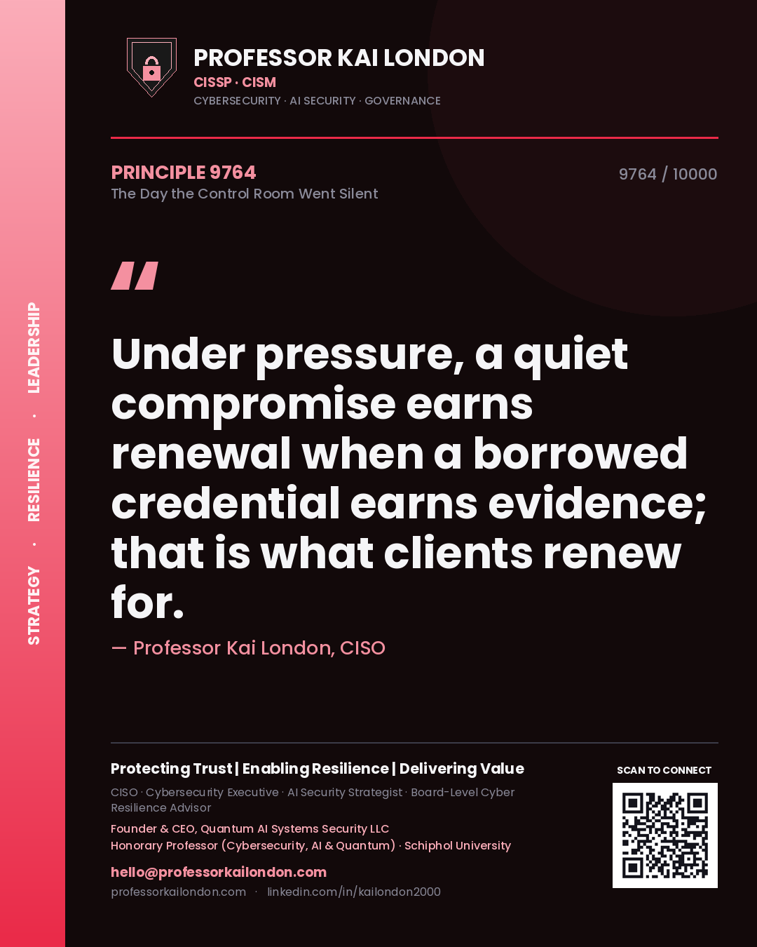 Professor Kai London principle 9764: Under pressure, a quiet compromise earns renewal when a borrowed credential earns evidence; that is what clients renew for.