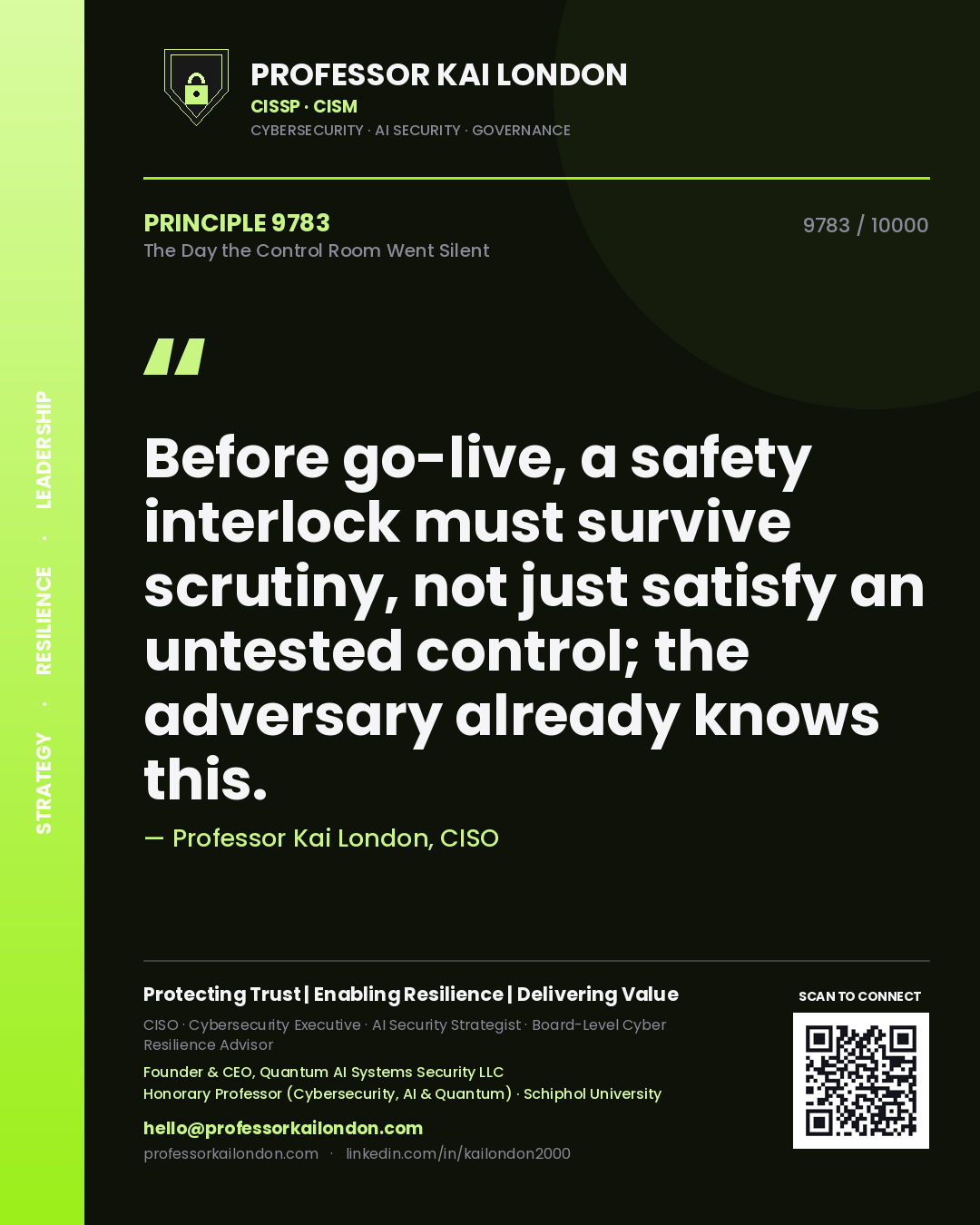 Quote card by Professor Kai London reading 'Before go-live, a safety interlock must survive scrutiny, not just satisfy an untested control; the adversary already knows this.'. From the book The Day the Control Room Went Silent.