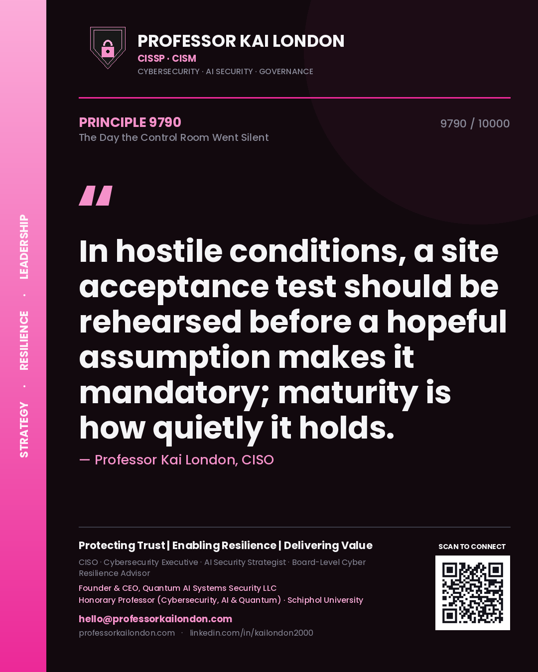 Professor Kai London principle 9790: In hostile conditions, a site acceptance test should be rehearsed before a hopeful assumption makes it mandatory; maturity is how quietly it holds.
