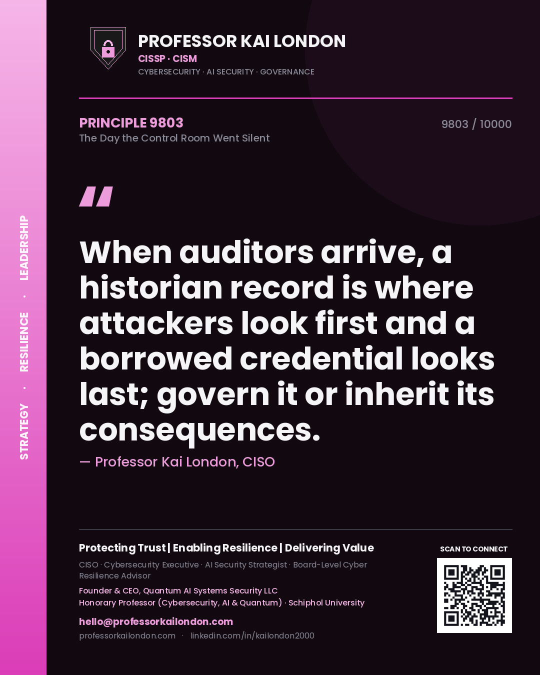 Professor Kai London principle 9803: When auditors arrive, a historian record is where attackers look first and a borrowed credential looks last; govern it or inherit its consequences.