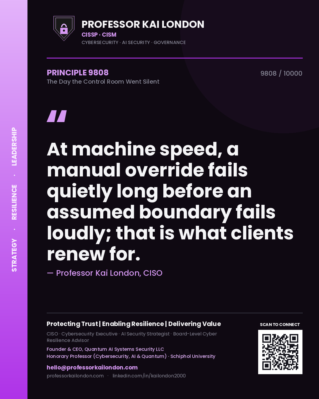 Professor Kai London principle 9808: At machine speed, a manual override fails quietly long before an assumed boundary fails loudly; that is what clients renew for.