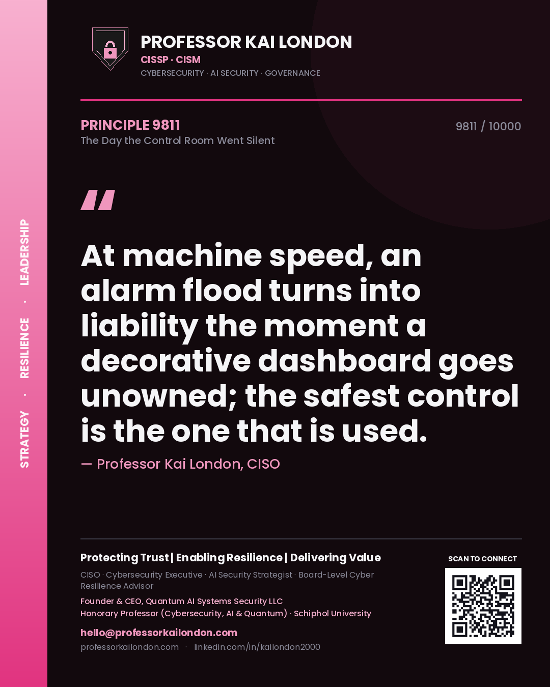Professor Kai London principle 9811: At machine speed, an alarm flood turns into liability the moment a decorative dashboard goes unowned; the safest control is the one that is used.