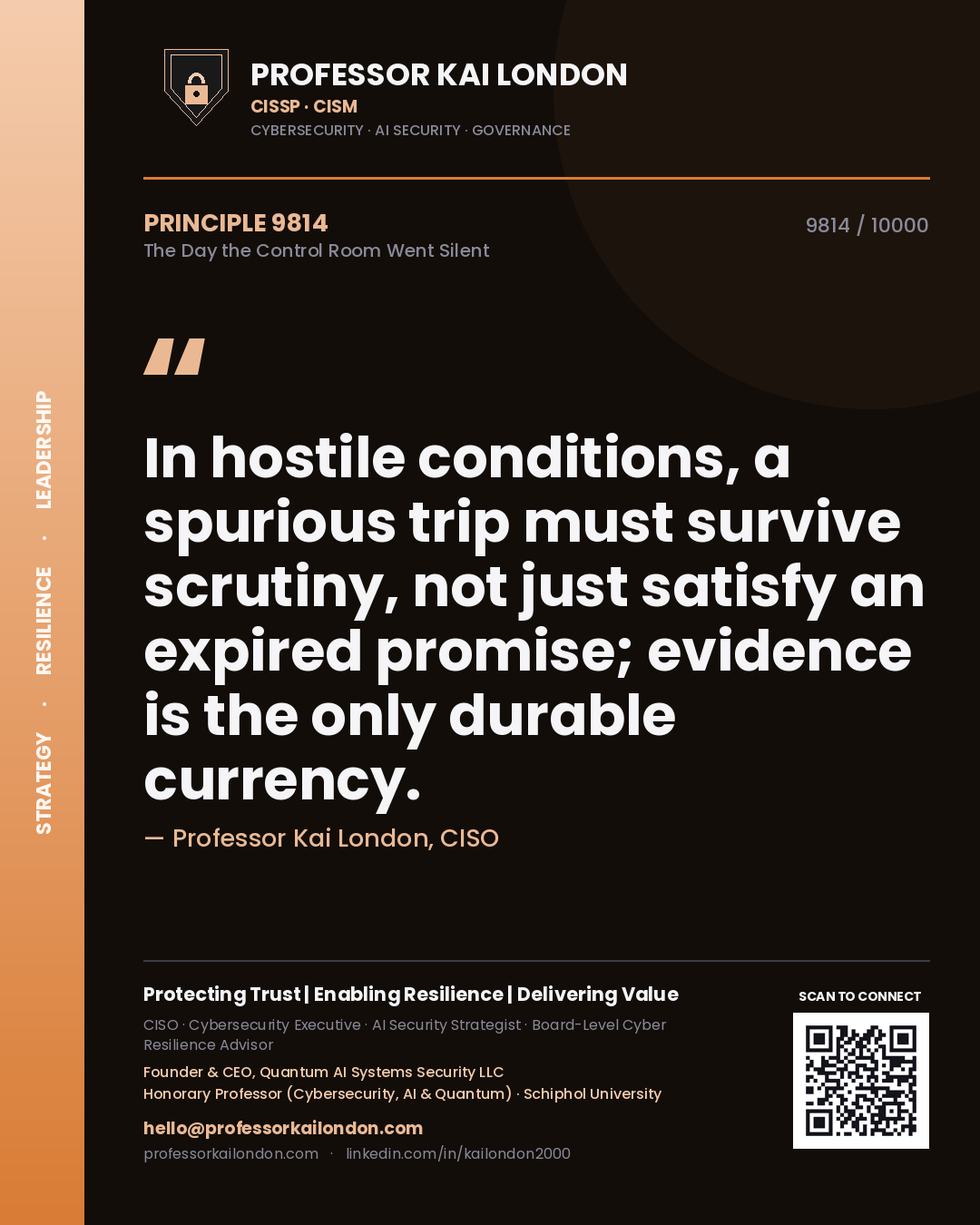Professor Kai London principle 9814: In hostile conditions, a spurious trip must survive scrutiny, not just satisfy an expired promise; evidence is the only durable currency.