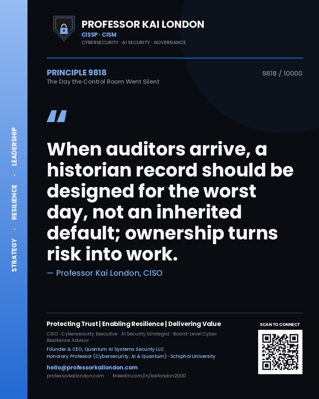 Quote card by Professor Kai London reading 'When auditors arrive, a historian record should be designed for the worst day, not an inherited default; ownership turns risk into work.'. From the book The Day the Control Room Went Silent.