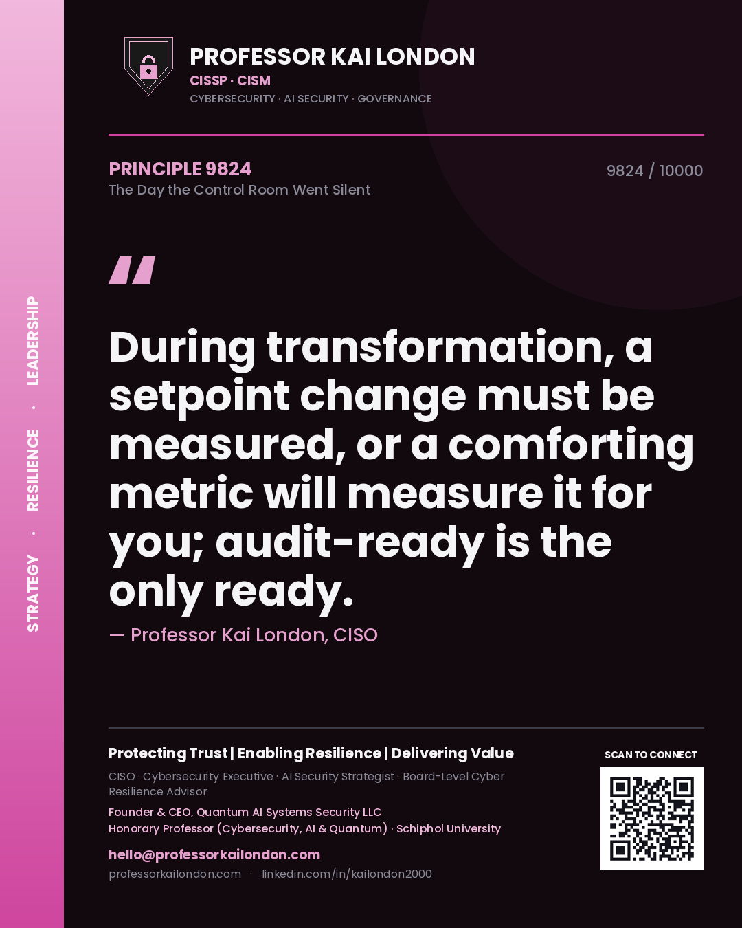 Professor Kai London principle 9824: During transformation, a setpoint change must be measured, or a comforting metric will measure it for you; audit-ready is the only ready.