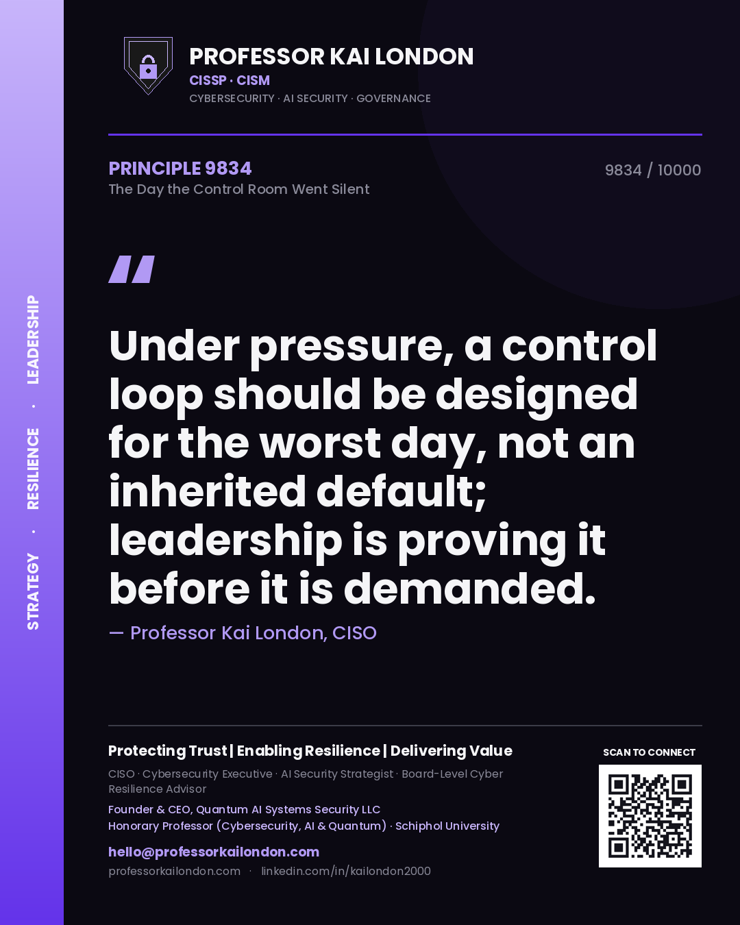 Professor Kai London principle 9834: Under pressure, a control loop should be designed for the worst day, not an inherited default; leadership is proving it before it is demanded.